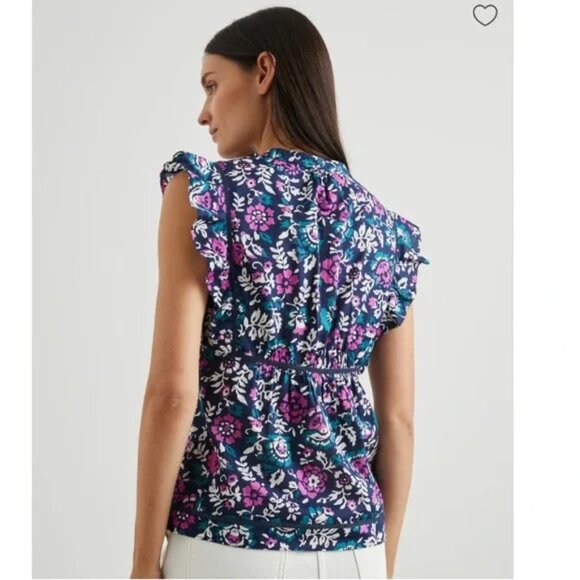 Rails Misha Woodblock Floral Top Blouse Feminine Flutter Sleeve Women's Sz S B1 - Picture 2 of 12